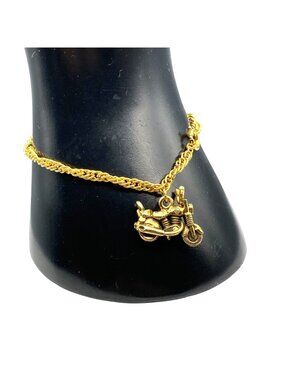 Vintage Chain Bracelet with Motorcycle Charm, Gold Tone Biker Babe